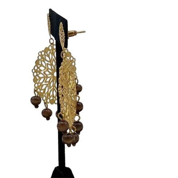 Gold Filigree Statement Earrings with Bead Drops - Picture 3 of 7